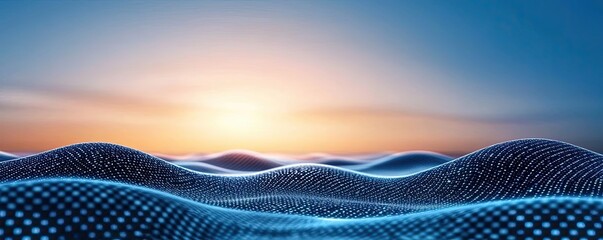Binary code background with abstract database and light technology concept. Futuristic landscape showcasing digital waves and sunset.