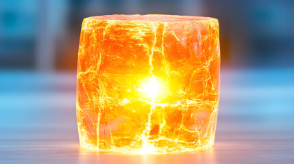 Fototapete - A glowing orange crystal cube emits a warm light, showcasing its translucent, textured surface in a serene setting