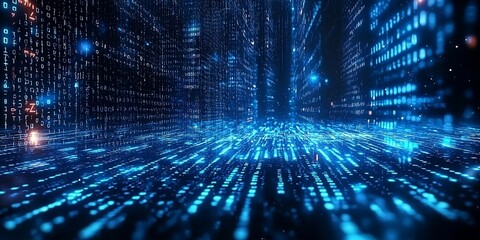 Blue digital binary data on computer screen background. Superlative generative AI image