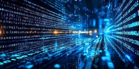 Blue digital binary data on computer screen background. AI digital illustration