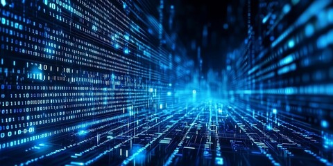 Blue digital binary data on computer screen background. Generative AI image