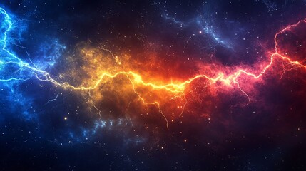 Cosmic energy clash; fiery, icy bolts; nebula backdrop; digital art