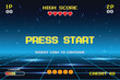 © Sumeth - PRESS START INSERT A COIN TO CONTINUE .pixel art .8 bit game. retro game. for game assets .Retro Futurism Sci-Fi Background. glowing neon grid. and stars from vintage arcade computer games