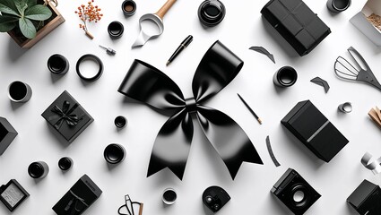 A folded ribbon shape in Black characters and objects on a white background