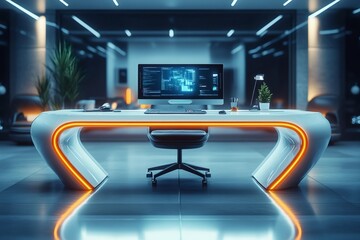 Futuristic office desk showing programming code on monitor in modern workspace
