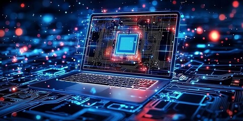 Futuristic illustration about computer technology with a laptop in neon colors. For cover backgrounds, wallpapers and other modern projects. AI generative