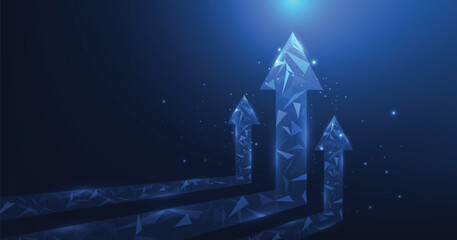 Aufkleber - Growth business on successful with arrow up digital on dark blue background. growing graph arrow icon from triangle line particle design low poly.Concept of goals to be successful.