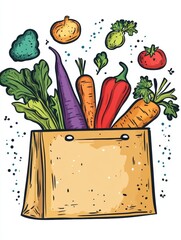 Poster - Playful vegetables jumping out of a shopping bag in a colorful cartoon illustration filled with fun energy Generative AI