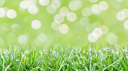 Wall Mural - Dewy grass, bright bokeh background, spring freshness, nature scene, website banner