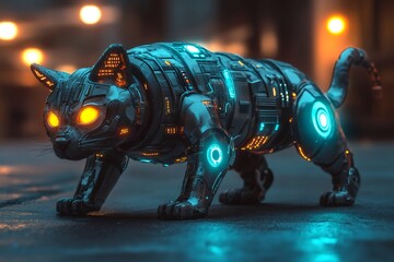 Poster - Robotic cat prowling in futuristic cityscape with glowing eyes