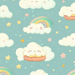 Poster - Delicate seamless baby pattern featuring pastel clouds, rainbows, and stars in a hand-drawn style Generative AI