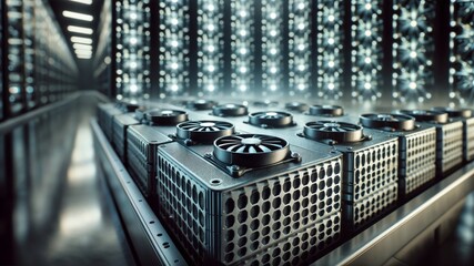 Data center servers array. Rows of servers in a data center. Powerful computing infrastructure for data processing.