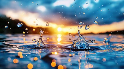 Wall Mural - a photo of a water drop on water, lit by a sunset