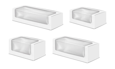Wall Mural - white blank clamshell paper box with clear plastic window. realistic 3d vector mock-up set. cardboar