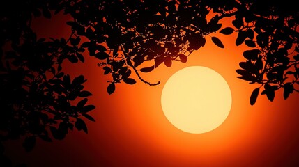 Wall Mural - sun shining through tree branches against dark red-yellow sky in backdrop