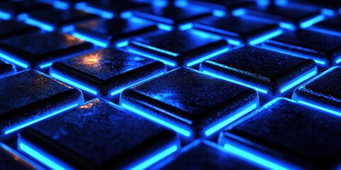 Wall Mural - futuristic grid tiles reflective surfaces with glowing blue lines symbolize modern organization and 
