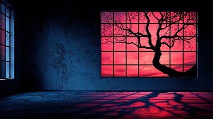 Wall Mural - a tree casting a shadow on a wall opposite a red and blue sky through a window