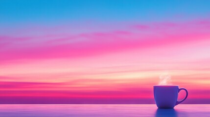 Wall Mural - a coffee cup resting on a table against a backdrop of a pink and blue sky, while also featuring a pi