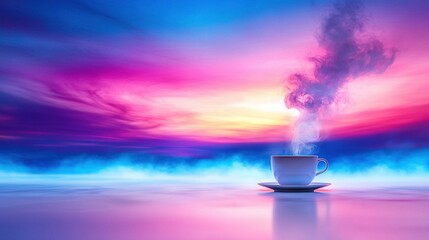 Wall Mural - a cup of coffee perched atop a saucer amidst a triad of blues, pinks, and purples