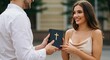 © Светлана Воротняк - Modern christianity concept. Woman and man exchange bible. Religious book with golden cross for faith, culture, worship, sermon, tradition, giving for spiritual education