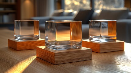 Modern Cubic Glassware on Wooden Stands