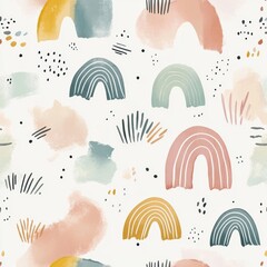 Fototapete - Soft pastel baby pattern featuring abstract shapes and watercolors for modern nursery decor Generative AI
