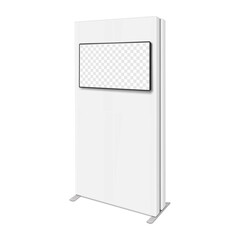 Wall Mural - Double-sided monitor kiosk. Realistic 3d vector mockup. White blank digital media display stand. Mock-up. Empty transparent LED LCD screen TV video panel. Template for design