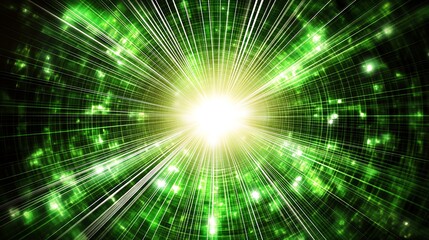 Bright green light explosion in dark space.