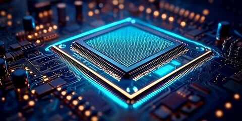 Microchip, surface zoom in, macro, tech, computer, IT. AI digital illustration