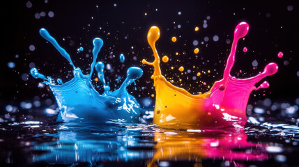 Wall Mural - an artistic explosion of fluorescent paint splatters, glowing neon hues of electric blue, hot pink