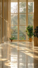 Fototapete - Golden beams of sunlight stream through expansive windows, creating a warm ambiance in a peaceful corridor. Potted plants line the polished floor, enhancing the natural beauty.