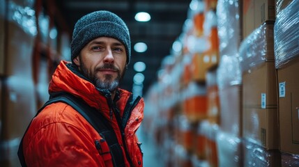 Aufkleber - A warehouse worker stands confidently among stacked boxes in a busy logistics hub, preparing for sorting and organizing inventory in the early evening.