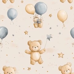 Poster - Seamless baby pattern featuring teddy bears with balloons and gifts in warm pastel tones Generative AI
