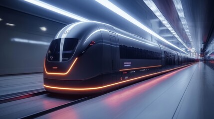 Aufkleber - A sleek modern train moves smoothly through a state of the art logistics facility during twilight. The design highlights advanced technology and efficient transport solutions for freight distribution.