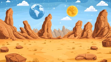 an illustrated landscape featuring desert formations and celestial bodies