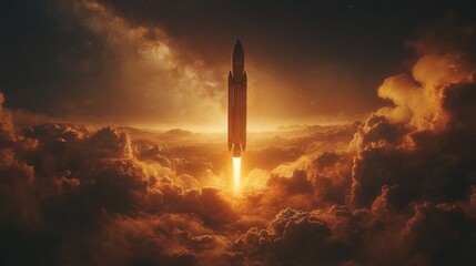 Aufkleber - A rocket ascends into the atmosphere during sunrise, leaving a trail of flame and smoke, symbolizing advancements in aerospace and space exploration.