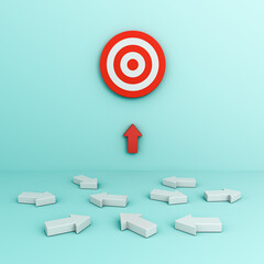 Fototapete - Focus one red different up arrow aiming or pointing to goal target or dart board amongs white arrows Stand out from the crowd concept on blue pastel color background minimal creative idea 3D rendering