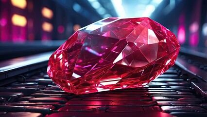 A large, faceted red gemstone resting on railroad tracks