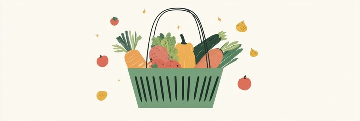 Aufkleber - Fresh vegetables and fruits in a green shopping basket on a soft pastel background with minimalistic design Generative AI
