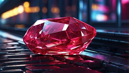 A large, faceted red gemstone resting on railroad tracks