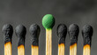 © Jhati - A row of burnt matches with one green match standing out against a gray background close up view