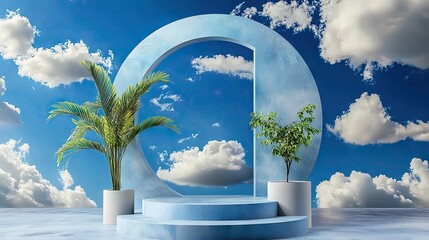 Wall Mural - blue 3d background with soft clouds emerging from circular form, simple product display