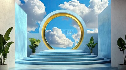 Wall Mural - blue 3d background with soft clouds emerging from circular form, simple product display