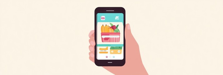 Fototapete - Hand holding smartphone with grocery delivery app opened, showcasing colorful food items and user-friendly interface for quick shopping Generative AI