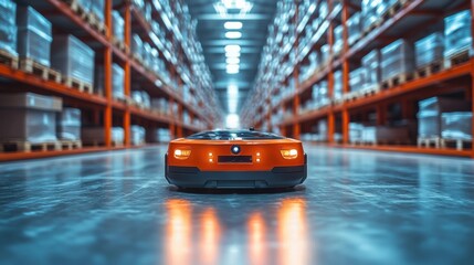Aufkleber - A high tech robotic system navigates through a well organized logistics warehouse, optimizing inventory movement and improving fulfillment processes while ensuring efficiency.