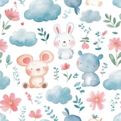 Poster - Colorful seamless baby pattern featuring playful animals, clouds, and flowers in soft watercolor style with a hand-crafted feel Generative AI