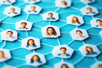 Wall Mural - connection network illustrating diverse faces in hexagonal arrangement on blue background for social