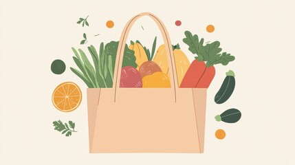 Poster - Modern illustration of an eco-friendly grocery bag filled with fresh organic fruits and vegetables Generative AI