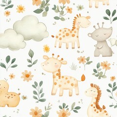 Poster - Seamless baby pattern featuring playful animals, clouds, and flowers in soft watercolor style Generative AI