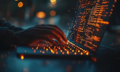 hands typing on a laptop with code glowing on the screen